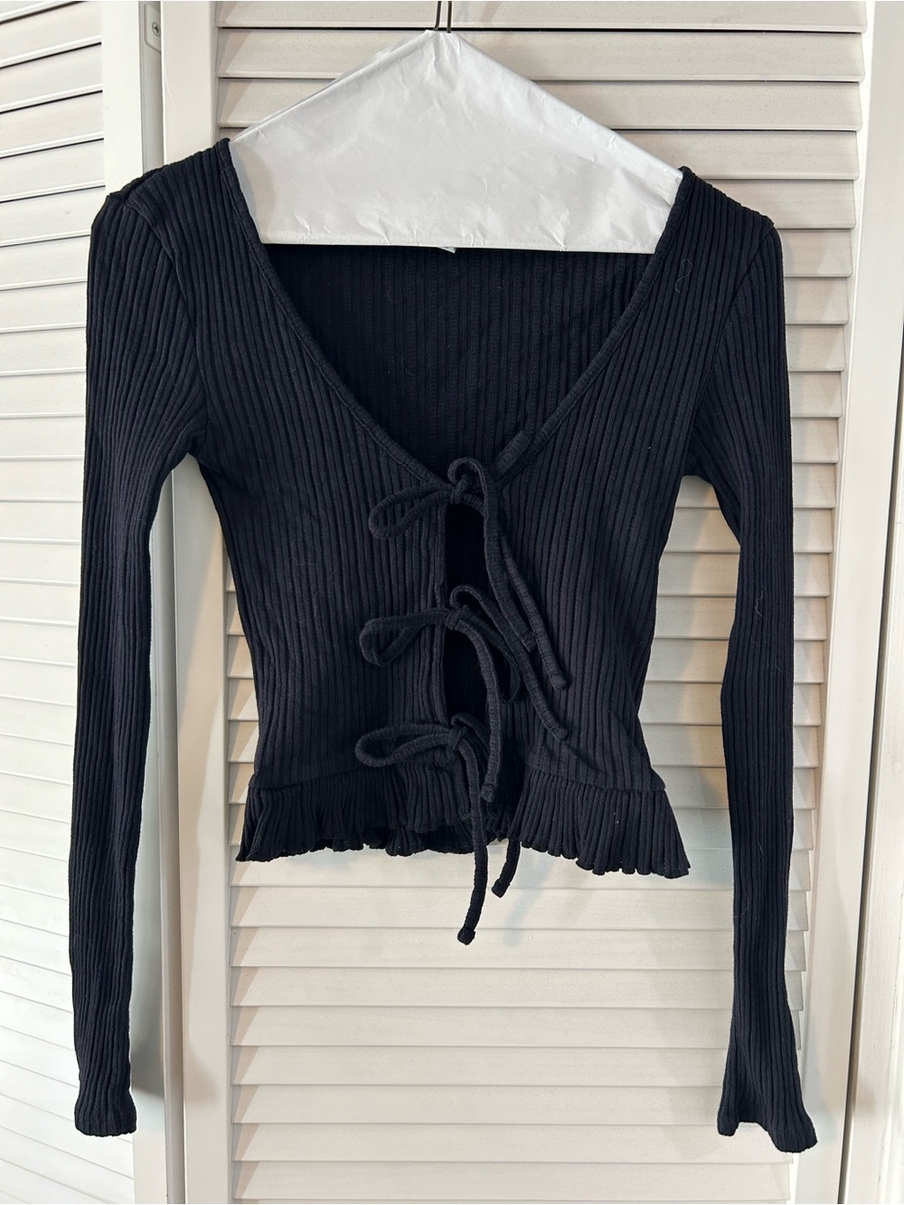 Topshop Black Ribbed Tie-Front Long Sleeve Top